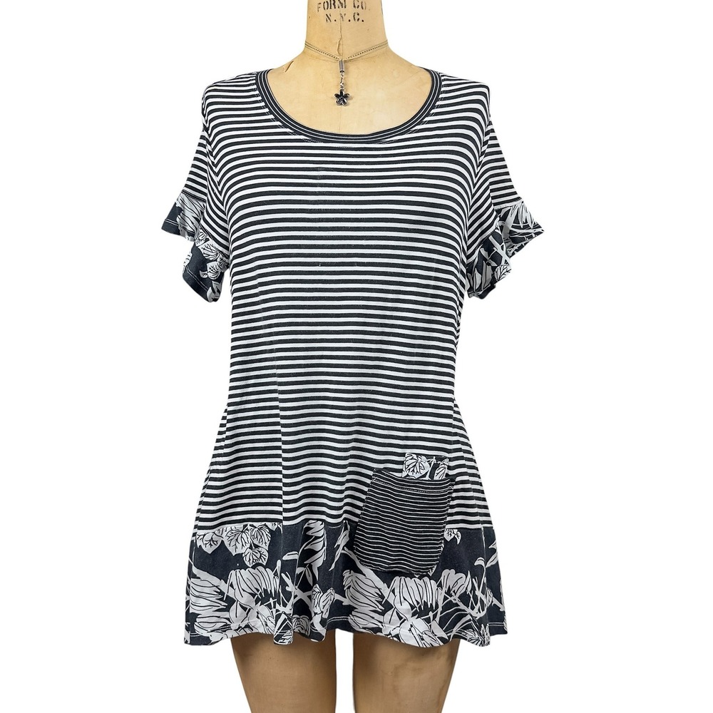 Y2K Striped Ruffle Hem Tunic Blouse Flutter Sleeve Patched Pocket L